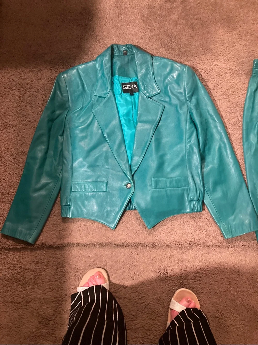 Teal Leather Jacket and Skirt Set